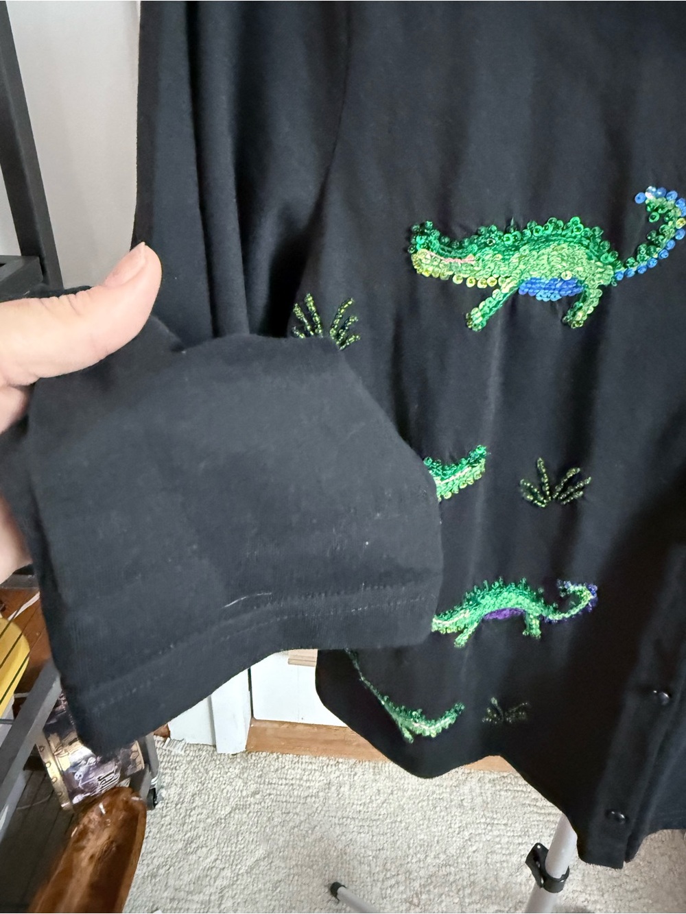 VTG Y2K black Emma Tricot cardigan sequin alligators beaded grass button up L - Picture 4 of 10